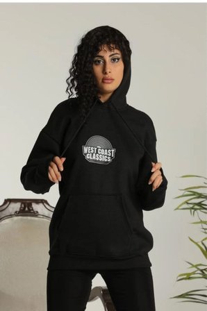 Kadın Oversize Kapüşonlu Cepli Baskılı 3 İplik Pamuklu Hoodie Sweatshirt - Siyah