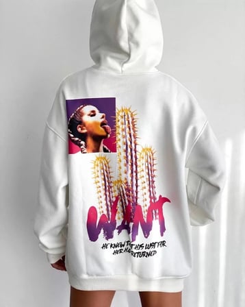 Kadın Oversize Kapüşonlu Cepli WANT Baskılı 3 İplik Pamuklu Hoodie Sweatshirt - Beyaz