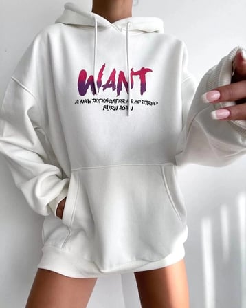 Kadın Oversize Kapüşonlu Cepli WANT Baskılı 3 İplik Pamuklu Hoodie Sweatshirt - Beyaz