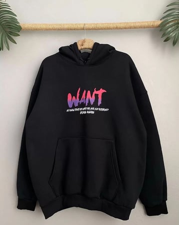 Kadın Oversize Kapüşonlu Cepli WANT Baskılı 3 İplik Pamuklu Hoodie Sweatshirt - Siyah