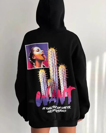 Kadın Oversize Kapüşonlu Cepli WANT Baskılı 3 İplik Pamuklu Hoodie Sweatshirt - Siyah