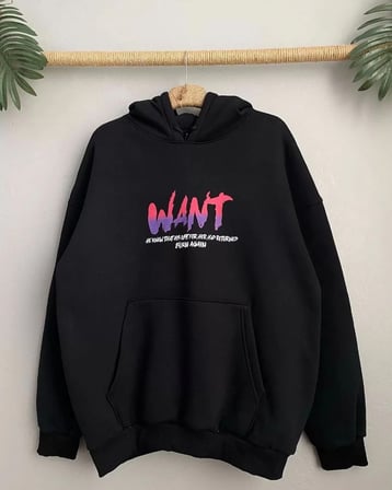 Kadın Oversize Kapüşonlu Cepli WANT Baskılı 3 İplik Pamuklu Hoodie Sweatshirt - Siyah