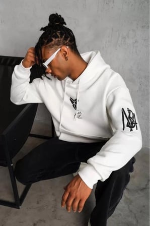 BErkek 3 İplik Pamuklu Kapüşonlu Baskılı Cepli Oversize Sweatshirt Hoodie - eyaz