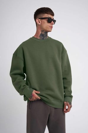 ERKEK Bisikilet Yaka 3 İplik Pamuklu SweatShirt - Haki