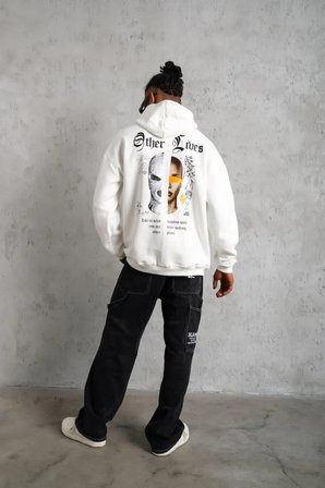 Erkek 3 İplik Pamuklu Kapüşonlu Baskılı Cepli Oversize Sweatshirt Hoodie - Beyaz