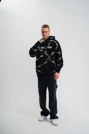 ERKEK Kapüşonlu Varak ve Pano Baskılı Hoodie  SweatShirt- Siyah