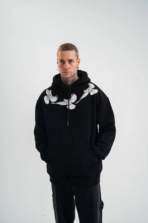 Erkek 3 İplik Pamuklu Kapüşonlu Baskılı Cepli Oversize Sweatshirt Hoodie - Siyah