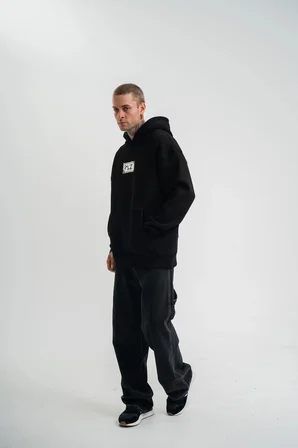ERKEK 3 İplik Pamuklu Kapüşonlu Patchli Nakışlı Hoodie SweatShirt - Siyah