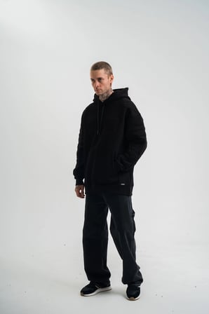 Erkek 3 İplik Pamuklu Oversize Kapüşonlu Nakışlı Hoodie SweatShirt - Siyah