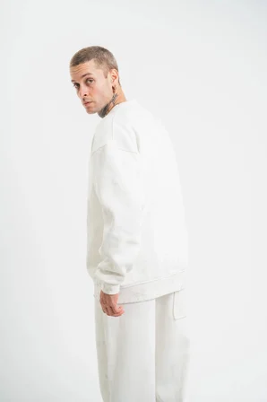ERKEK 3 İplik Pamuklu Bisiklet Yaka Yıkamalı SweatShirt - Beyaz