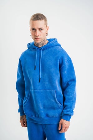 ERKEK 3 İplik Pamuklu Oversize Kapüşonlu Yıkamalı Hoodie SweatShirt - Mavi