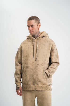 ERKEK 3 iplik Pamuklu Oversize Kapüşonlu Yıkamalı Hoodie SweatShirt - Bej