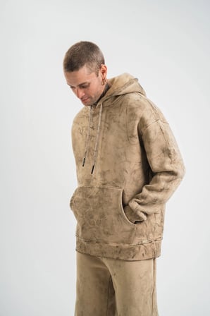 ERKEK 3 iplik Pamuklu Oversize Kapüşonlu Yıkamalı Hoodie SweatShirt - Bej