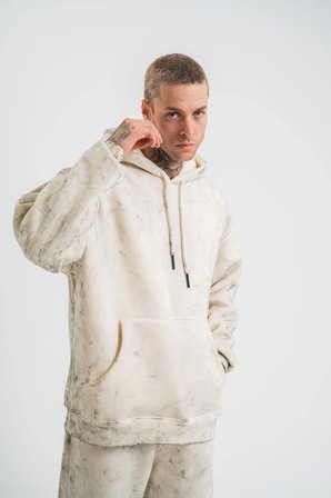 ERKEK  3 iplik Pamuklu Oversize Kapşonlu Yıkamalı SweatShirt Hoodie - Krem