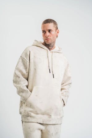 ERKEK  3 iplik Pamuklu Oversize Kapşonlu Yıkamalı SweatShirt Hoodie - Krem