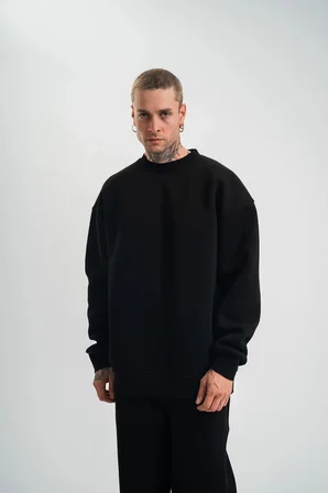 Erkek Uzun Kol Bisiklet Yaka 3 iplik Pamuklu Kışlık SweatShirt - Siyah