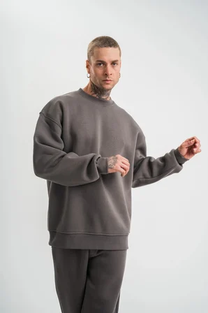 Erkek Uzun Kol Bisiklet Yaka 3 iplik Pamuklu Kışlık SweatShirt  - Füme