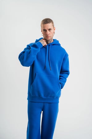 ERKEK 3 İplik Oversize Kapşonlu Basic SweatShirt Hoodie - Mavi