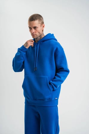 ERKEK 3 İplik Oversize Kapşonlu Basic SweatShirt Hoodie - Mavi