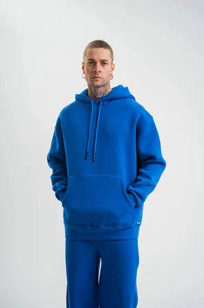 ERKEK 3 İplik Oversize Kapşonlu Basic SweatShirt Hoodie - Mavi
