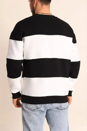 Erkek 3 iplik pamuklu Parçalı Bisiklet Yaka SweatShirt - Siyah