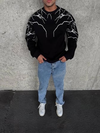 Erkek 3 iplik pamuklu Yıldırım Baskılı Bisiklet Yaka SweatShirt - Siyah