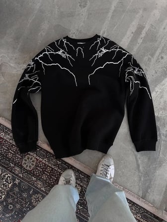 Erkek 3 iplik pamuklu Yıldırım Baskılı Bisiklet Yaka SweatShirt - Siyah