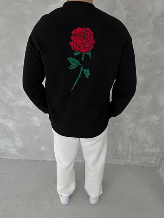 ERKEK 3 iplik Pamuklu Bisiklet Yaka Ön Ve Arka Baskılı SweatShirt - Siyah