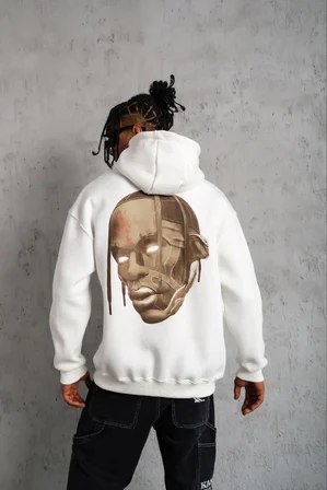 Erkek Kordonlu Arka Maske Kordon Saçlı Kapüşonlu sweatshirt hoodie - Beyaz