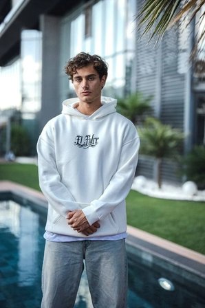 Erkek Kapüşonlu Kanguru Cepli Sweatshirt 3 İplik Pamuklu Baskılı Hoodie - Beyaz