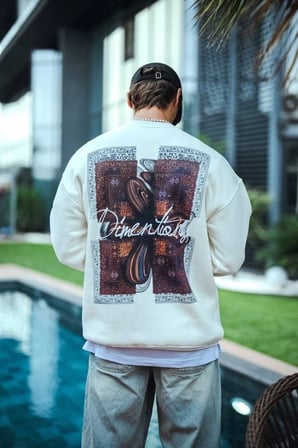 Erkek 3 iplik pamuklu Bisiklet Yaka Ön ve Arka Baskılı SweatShirt - Beyaz
