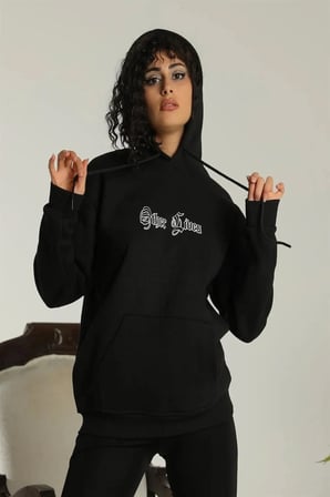 Kadın Oversize Kapüşonlu Cepli Baskılı 3 İplik Pamuklu Hoodie Sweatshirt - Siyah