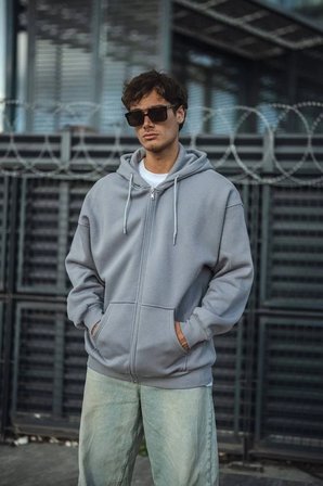 Erkek Tam Fermuarlı Cepli Kapüşonlu 3 iplik pamuklu hoodie Sweatshirt - Gri