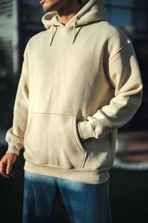 Erkek 3 İplik Pamuklu Kapüşonlu Basic SweatShirt Hoodie - Bej