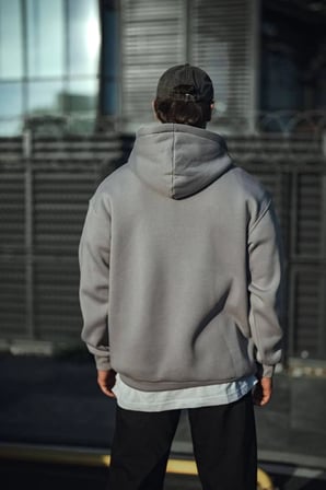 Erkek 3 İplik Penye Kapüşonlu Basic SweatShirt Hoodie - Boyalı Gri