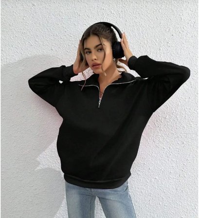 Kadın 3 iplik Pamuklu Uzun Kol Yarım Farmuarlı Yakalı SweatShirt - Siyah