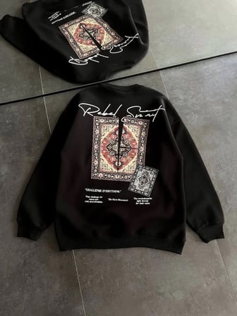 Kadın Bisiklet Yaka Kilim Halı Baskılı 3 İplik Pamuklu Sweatshirt - Siyah