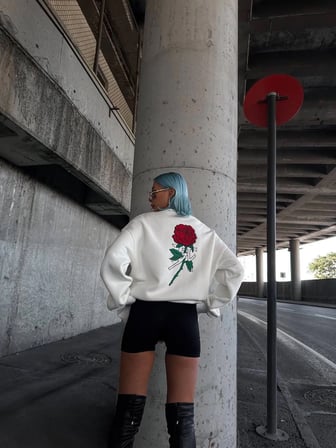 Kadın 3 iplik Pamuklu Bisiklet Yaka GÜL Baskılı SweatShirt - BeyazBeyaz