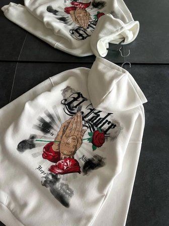Kadın Oversize Kapüşonlu Cepli Baskılı 3 İplik Pamuklu Hoodie Sweatshirt - Beyaz