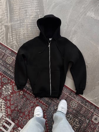 Kadın Tam Fermuarlı Cepli Kapüşonlu 3 iplik pamuklu hoodie Sweatshirt - Siyah