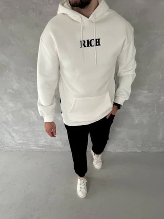 Erkek Kapüşonlu Kanguru Cepli Sweatshirt 3 İplik Pamuklu Baskılı Hoodie -  Beyaz