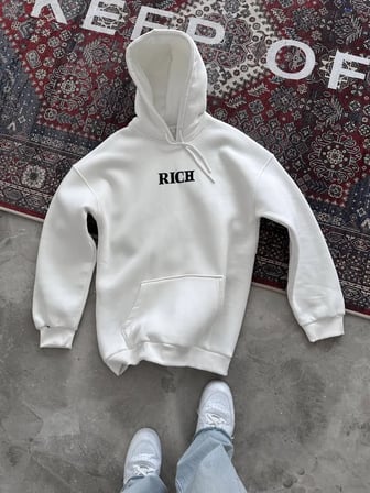 Erkek Kapüşonlu Kanguru Cepli Sweatshirt 3 İplik Pamuklu Baskılı Hoodie -  Beyaz