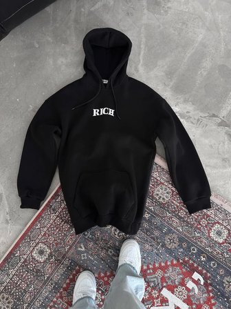 Erkek Kapüşonlu Kanguru Cepli Sweatshirt 3 İplik Pamuklu Baskılı Hoodie -  Siyah