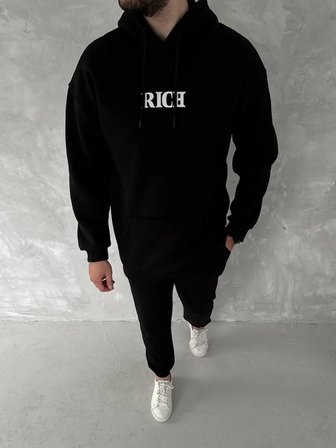 Erkek Kapüşonlu Kanguru Cepli Sweatshirt 3 İplik Pamuklu Baskılı Hoodie -  Siyah