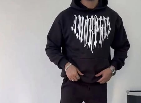 Erkek Kapüşonlu Kanguru Cepli Sweatshirt 3 İplik Pamuklu Baskılı Hoodie -  Siyah