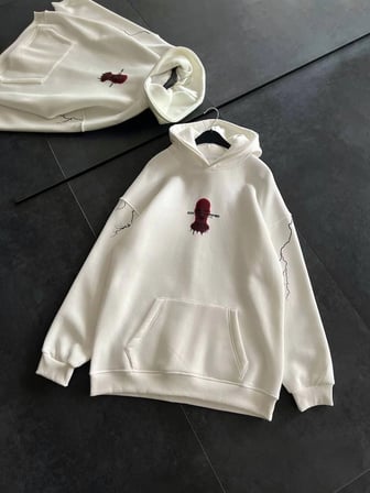 Kadın Kapüşonlu Kanguru Cepli Sweatshirt 3 İplik Pamuklu Baskılı Hoodie - Beyaz
