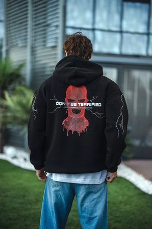 Erkek Kapüşonlu Kanguru Cepli Sweatshirt 3 İplik Pamuklu Baskılı Hoodie -  Siyah