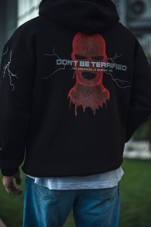 Erkek Kapüşonlu Kanguru Cepli Sweatshirt 3 İplik Pamuklu Baskılı Hoodie -  Siyah
