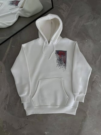 Erkek Kapüşonlu Kanguru Cepli Sweatshirt 3 İplik Pamuklu Baskılı Hoodie - Beyaz