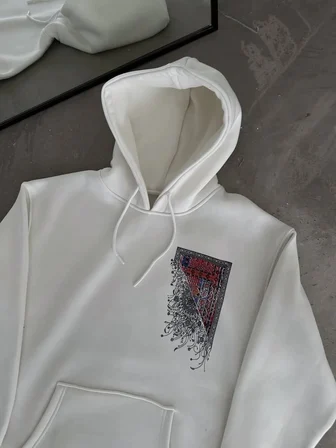Erkek Kapüşonlu Kanguru Cepli Sweatshirt 3 İplik Pamuklu Baskılı Hoodie - Beyaz